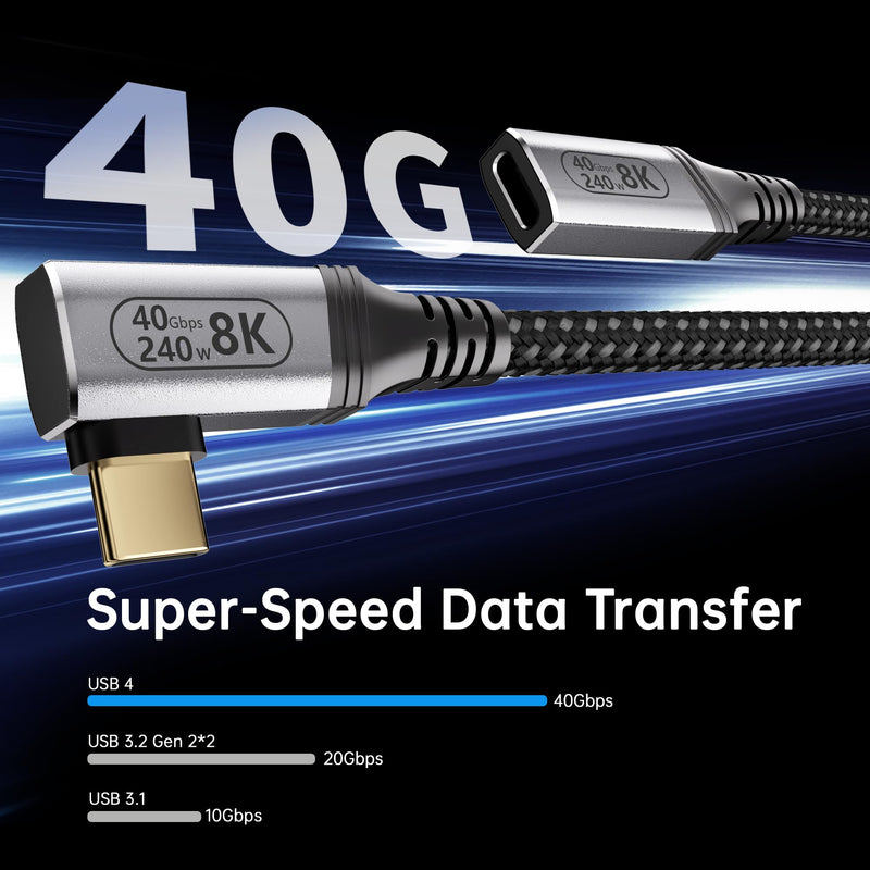 6.6FT USBC Extension Cable Right Angle Compatible with Thunderbolt 4/3,USB4 40Gbps Data Transfer,90 Degree USB C Male to Female Cable,Type C Extension 240W Fast Charging,8K/4K Video Display. 6.6FT