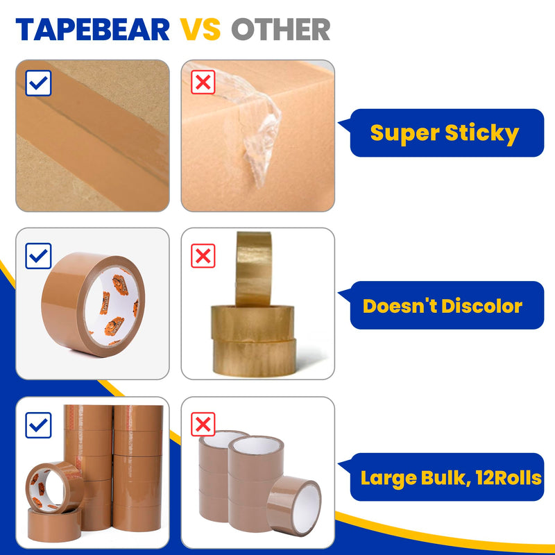 TAPEBEAR Brown Packing Tape with Dispenser, 2.6mil x 1.88" x 55Yard + Stretch Wrap Film 15" x 760Ft