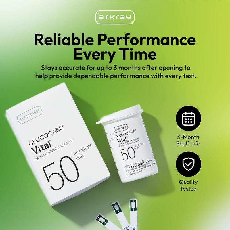 ARKRAY GLUCOCARD Vital Blood Glucose Test Strips – No Coding Required, Fast 7-Second Results, 0.5 Microliter Sample Size – Compatible with GLUCOCARD Vital Glucose Meter, 100 Count (2 Packs of 50)