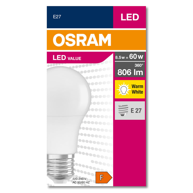 Osram LED Action Lamp with E27 Socket, Warm White (2700 K), 8.50 W, Replacement for 60 W Bulb, Matte Value Classic A, Pack of 10, [Unit Count] 1 piece (pack of 1) 60W replacement Matt-Half