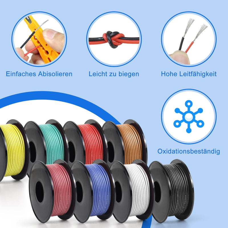 LightingWill 20 AWG 0.5 mm² Silicone Electric Cable Set in 8 Colors, 5 Meters per Roll Stranded Wire Cable, Flexible Tinned Copper Cable for DIY, Car, Home Installations and Power Cabling 20 AWG (0.5 mm²)