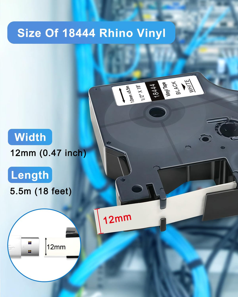 [Australia - AusPower] - Compatible with Dymo Rhino 5200 4200 6000 Industrial Vinyl Labels Compatible with Dymo Rhino Permanent Vinyl Industrial Label Tape, Black on White, 12mm x 5.5m, 5 Pack 18444 Label Tape 1/2 Inch 