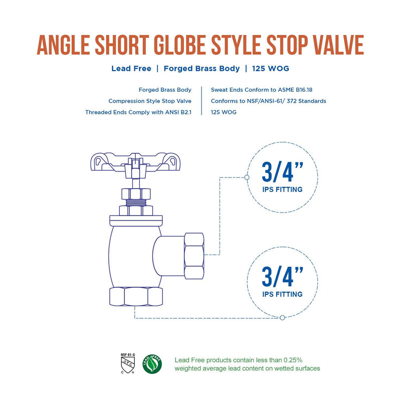 Everflow Supplies 74342-NL 3/4" ANGLE NO LEAD SHORT GLOBE VALVE WITH FEMALE THREADED IPS CONNECTIONS Single Pack 3/4 in.