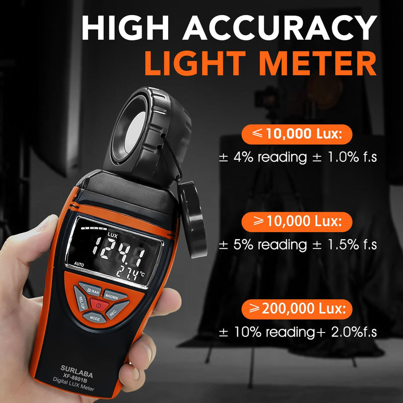 [Australia - AusPower] - Digital Light Meter 0.1-400,000 Lux - Professional Lux/FC Tester with Temperature Sensor, MAX/MIN Hold & 90° Rotatable Sensor for Photography, Plants, and Indoor Lighting (Orange) 
