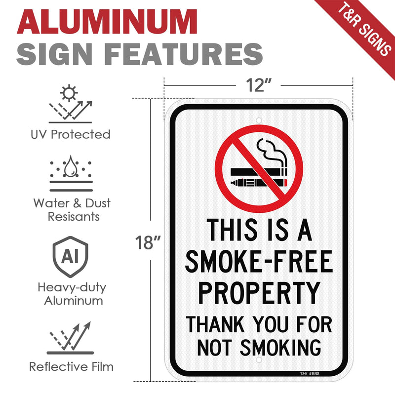 T&R (2 Pack) Large No Smoking Sign, Thank You For Not Smoking Sign, 18" x 12" Engineer Grade Reflective Sheeting, Rust Free Aluminum, Weather Resistant, Waterproof, Fade Resistant, 2 Pre-drilled Holes 18" x 12” - 2 Pack - No Smoking