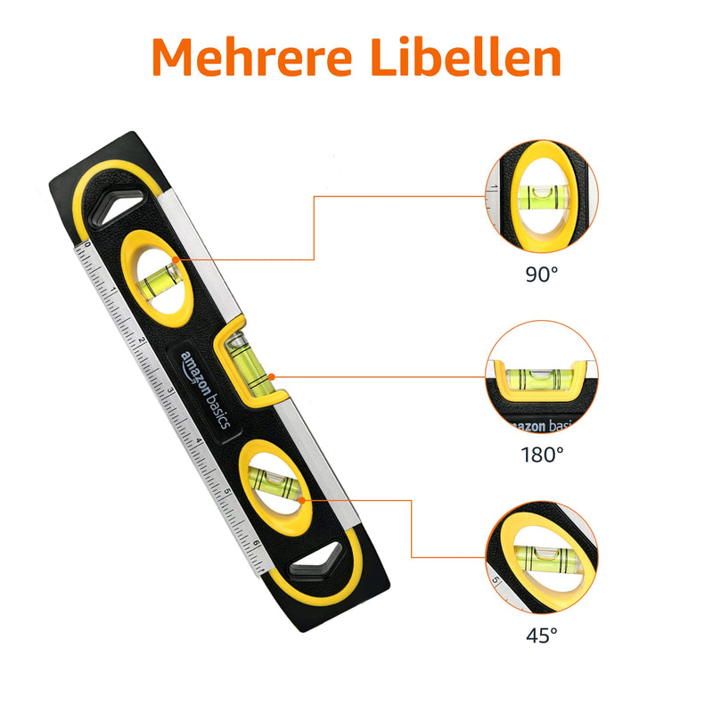 Amazon Basics Magnetic Torpedo Spirit Level and Ruler Spirit Level Solder / Spirit Level / 180-90-45 Degree Bubbles 22.8 cm (9 inches), Black, Yellow