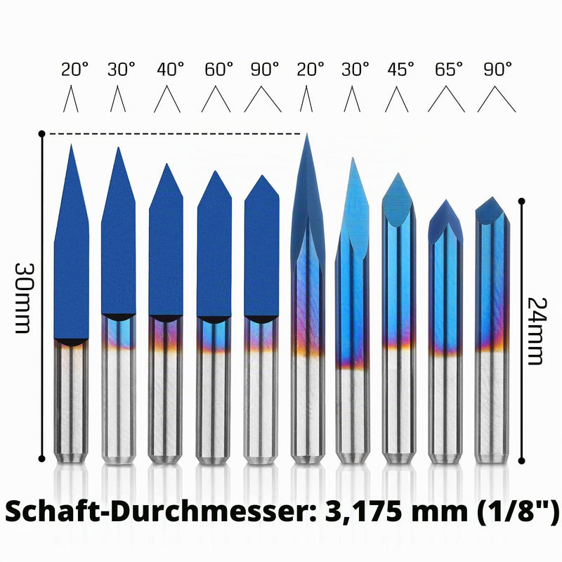 Genmitsu 10pcs CNC Router Bit Set with 1/8" Shank Flat V Bit:20/30/45/60/90 Degree Triangle V Bit:20/30/45/60/90 Degree 0.1mm Tip Nano Blue Tapered Coating 20/30/45/60/90 degrees, 0.1mm tip
