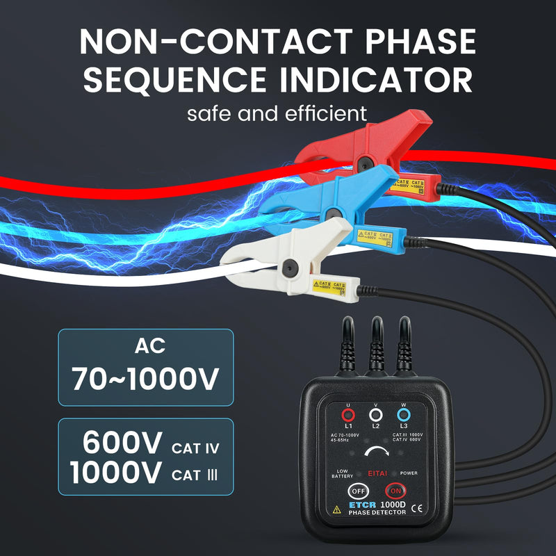 [Australia - AusPower] - EITAI1000D Non-Contact Phase Sequence Tester, AC 70V-1000V, Φ1.6inch/40mm, Manufacturer Direct Sales, Phase Rotation Meter 