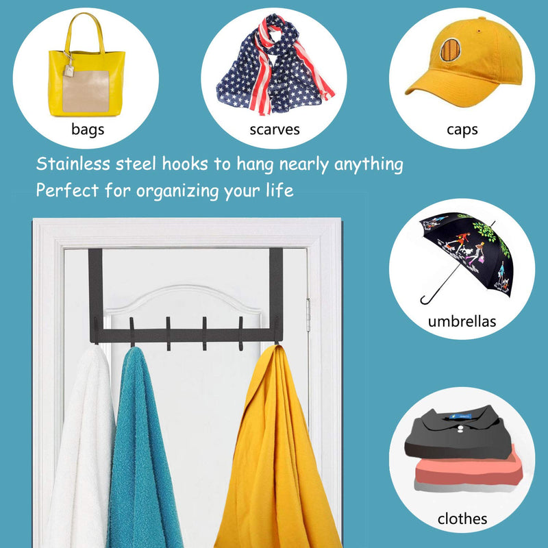[Australia - AusPower] - DOKU Over The Door Hook, Stainless Steel Heavy Duty Over Door Hanger Holder for Coat Robe Hat Clothe Towels Hanging, Bathroom Organizer Towel Rack 12 Hooks, Matte Black 