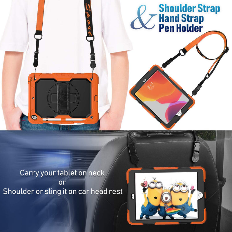 [Australia - AusPower] - Timecity Case for iPad 9th/ 8th/ 7th Generation 10.2 inch (Case for iPad 9/8/ 7 Gen): with Strong Protection, Screen Protector, Hand/Shoulder Strap, Rotating Stand, Pencil Holder - Orange Black+Orange 