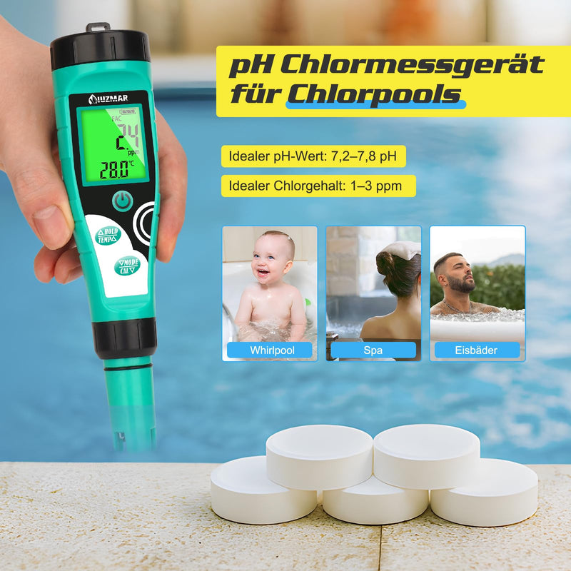 [Australia - AusPower] - UIUZMAR Pool Chlorine and pH Meter, Digital Salt Content and ORP Meter, 7 in 1 Water Tester Measures PH, Free Chlorine, Salt, ORP, EC, TDS and Temperature for Aquariums, Hydroponics and Hot Tubs 7 in 1 pH chlorine meter 