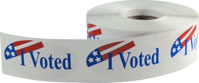 White I Voted Oval Stickers, 2 x 1 Inch in Size, 500 Labels on a Roll White