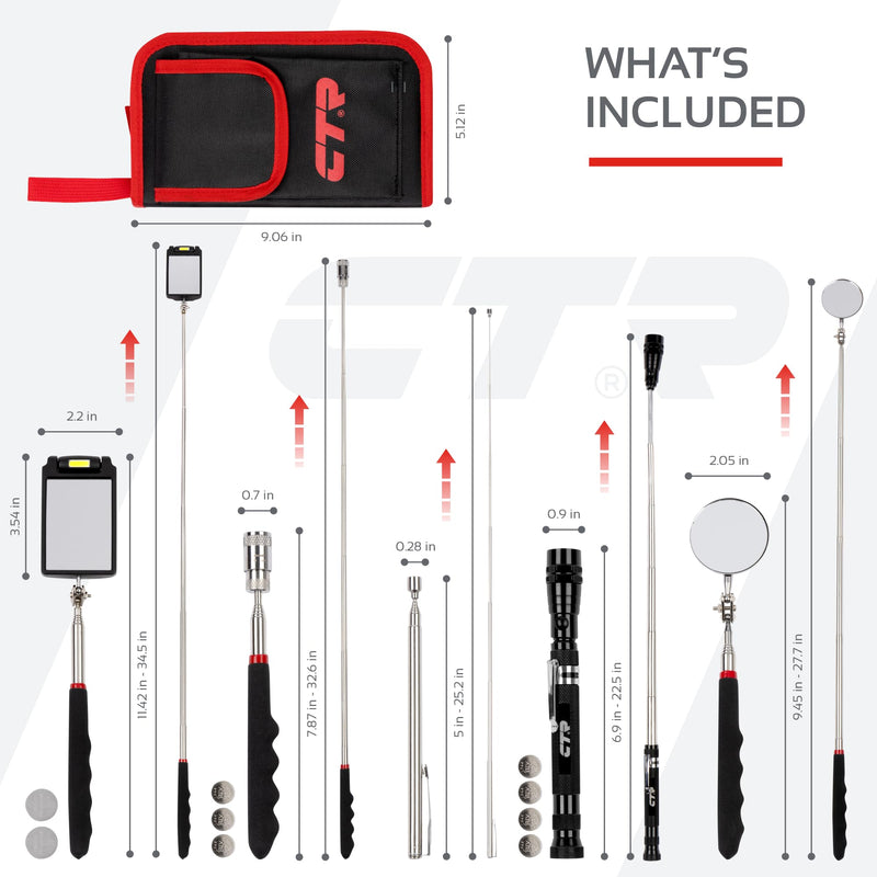 CTR 5PCS Telescoping Magnetic Pickup Tool Kit with Super Bright COB LED Square Inspection Mirror, Flexible Magnet Flashlight, Adjustable Inspection Tool with Long Handle - Best Gadgets Gifts for Men Red