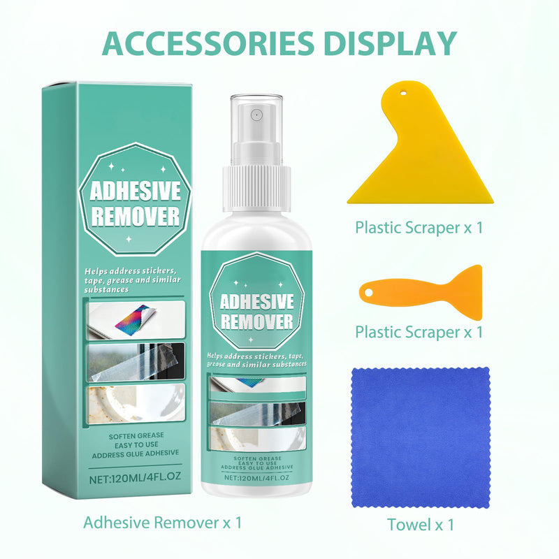 Adhesive residue remover spray, 120 ml, powerful label remover, adhesive remover, complete with scraper and cloth, effectively removes adhesive, labels and adhesive residue from glass, plastic and vehicles