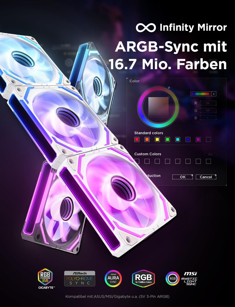 [Australia - AusPower] - AsiaHorse COSMIQ RGB PC Fan 120 mm Reverse Case Fan Pack of 3, ARGB Daisy Chain PC Fan [Infinity Mirror] [FDB] 2000 RPM/68.5 CFM/24 LEDs 4 Pin PWN & 5V 3Pin ARGB with Controller. White 120MM-Reverse 