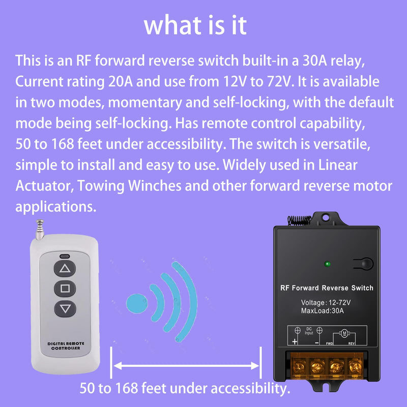 [Australia - AusPower] - Forward Reverse Remote Switch MaxLoad 30A,Remote Winch Switch 12V/24V/36V/48V/72v, up to 168 ft Remote Range for Motor/Linear Actuator/Winch Solenoid Relay contactor(with momentary funtion) 