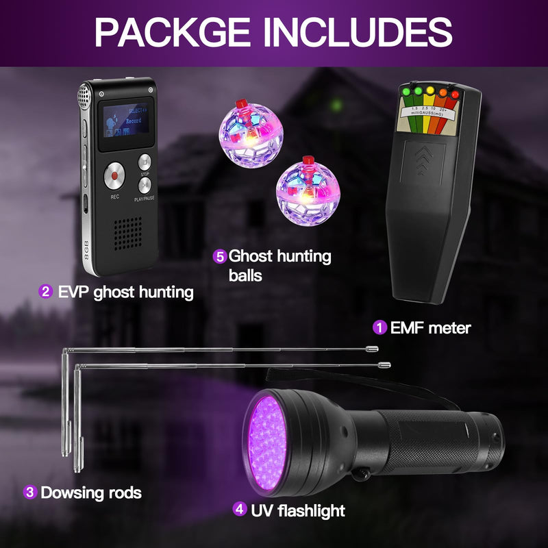 [Australia - AusPower] - 7-in-1 Ghost Hunting Equipment Kit for Paranormal Enthusiasts,Includes EMF Meter,EVP,Dowsing Rods,UV Light & Cat Balls-Novelty Set for Entertainment Use 