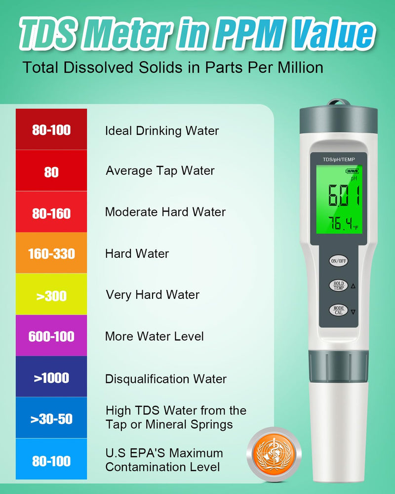[Australia - AusPower] - Digital pH Meter with TDS and Temperature Display, LCD Screen, Water Quality Tester 
