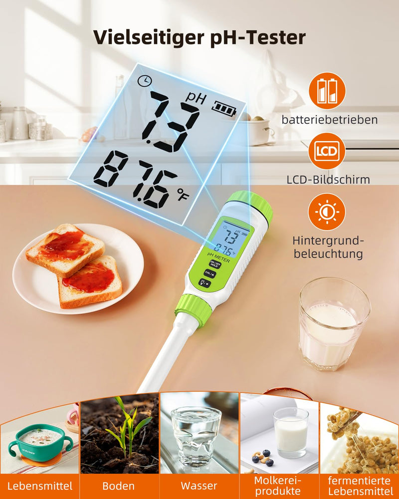 [Australia - AusPower] - Tadeto pH Meter, High Precision Digital pH Tester for Water, Soil, Pool, Floor, Drinking, Garden, pH Meter with Thermometer LCD Display and Calibration Set and Alloy Protective Cap Green 