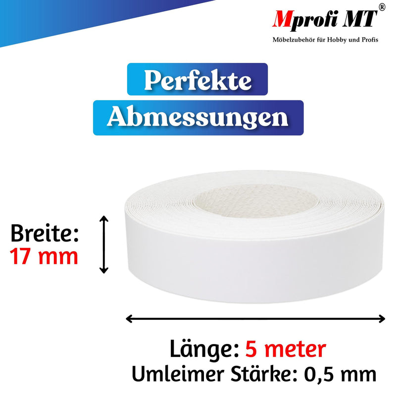[Australia - AusPower] - Mprofi MT® Edge Band, Melamine Edging Tape, 17 mm x 5 m, Matt White Edge Band with Hot-Melt Adhesive, Iron-On Edge Band for Shelves and Furniture Panels – 099/17/5 