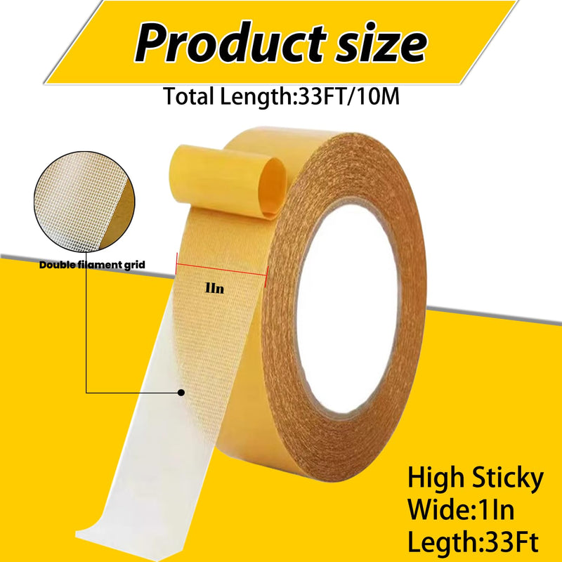 Double Sided Fabric Tape Heavy Duty Mounting Tape 1" x 33FT Resistente Clear Super Sticky Body Tape with Fiberglass Mesh High Tack Strong Adhesive for Fashion Clothes Carpet Arts 1 in x 33 ft