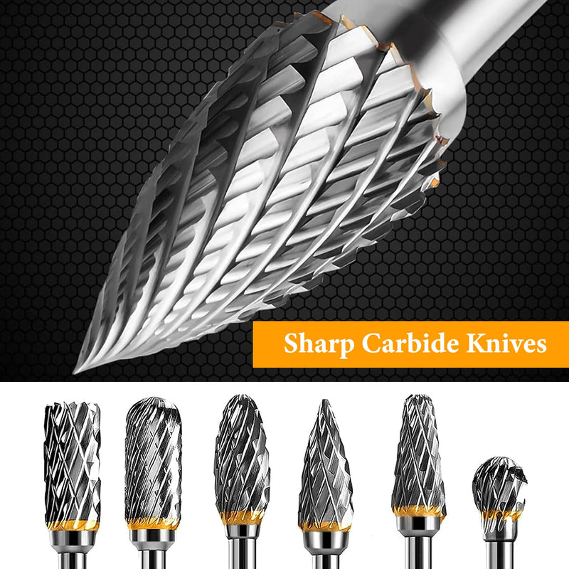 [Australia - AusPower] - 6 Piece Carbide Burr Set, Tungsten Carbide Cutter 6 mm Shank, Carbide Burr with Double Cut for Dremel, with 1/8 Inch Shank, for Grinder, Carving, Metal Polishing, Engraving, Drilling 