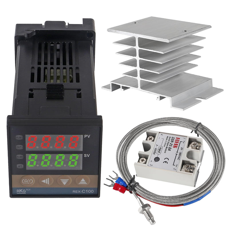 [Australia - AusPower] - UMLIFE PID Temperature Controller REX-C100 REX C100 Thermostat Kit High Voltage 100ACV to 240ACV+ SSR Relay SSR-25DA+ K Thermocouple Thread Probe and White Heat Sink 