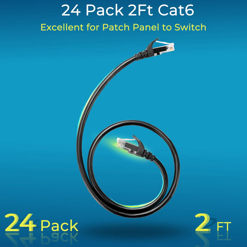 Rapink Patch Cables Cat6 2ft (24 Pack), Ethernet Patch Cable 10G, Cat 6 Patch Cable for Patch Panel to Switch, Flexiable Cat 6 Ethernet Cable with Gold Plated Black 24 Pack