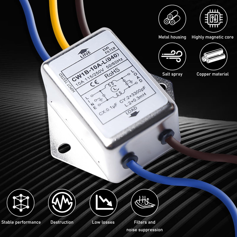 EMI Filter CW1B-10A-L Single-Phase Filter 250V 10A Electromagnetic Interference Filter Mains Filter for Suppressing Continuous and Intermittent Pulse Interference