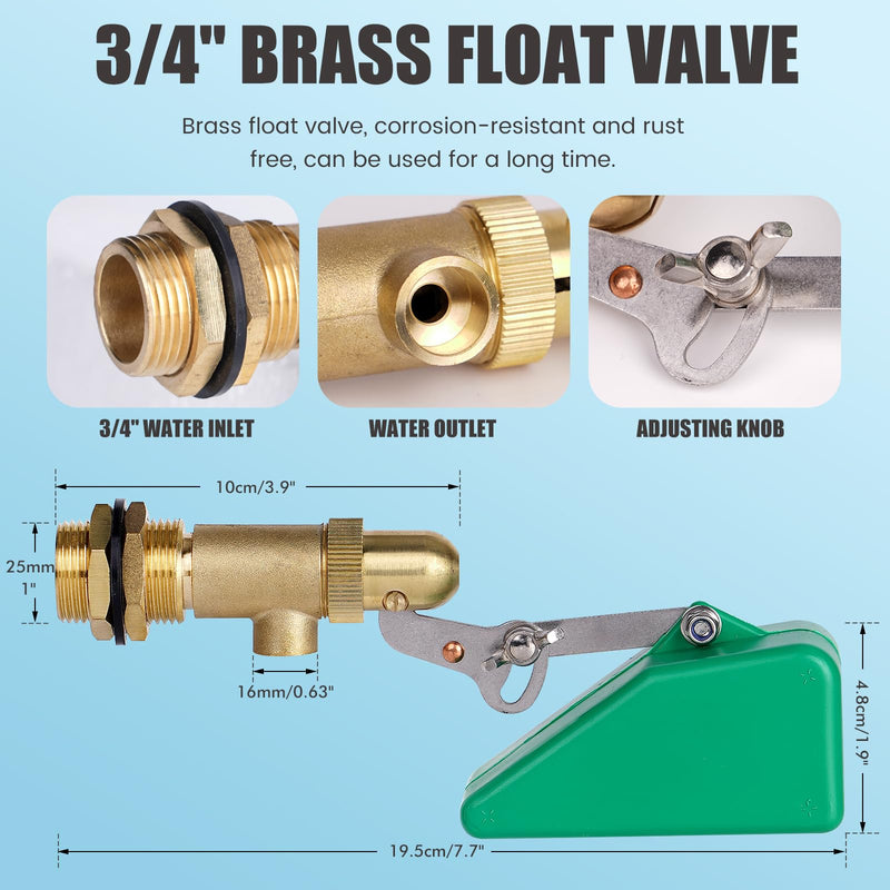 3/4 Inch Float Valve, Brass Water Float Valve for Water Tank, Float Ball Valve with Adjustable Arm for Livestock Waterer, Fountain, Aquarium, Aquaculture, Auto Water Level Control (2, green) 2