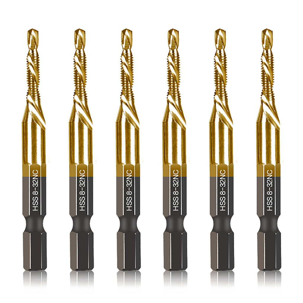 6-pc 8-32NC Combination Drill Tap Bit Set SAE, 8-32NC Thread Size, Titanium Coated High-Speed Steel, Ideal for Drilling Threading and Countersinking in Soft Metal Wood and Plastic, 1/4 Hex Shank 6 Pcs 8-32NC