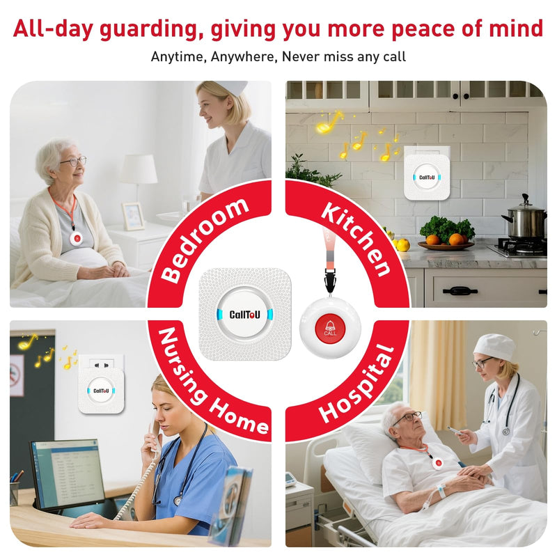 CallToU Caregiver Pager Wireless Call Button Nurse Alert System 500+ Feet for Home/Elderly/Patient/Disabled 1 Plugin Receiver 1 Waterproof Transmitter 1 call button + 1 receiver