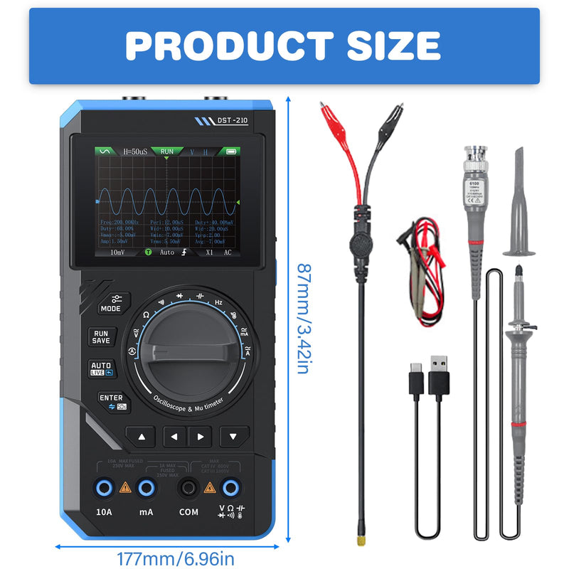 DST-210 Handheld Oscilloscope, 3-in-1 Digital Multimeter, 10 MHz Bandwidth, Oscilloscope, 48 MSa/s, Sampling Rate 19999 Counting Pulses, 2.8 Inch TFT Signal Generator, AC/DC Voltage Test, Capacitor
