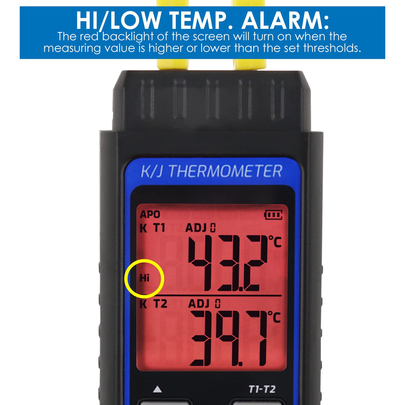 [Australia - AusPower] - Thermocouple Thermometer with 4 K-Type Thermocouples, Digital Dual-Channel K/J Type HVAC Temperature Meter, Temperature Range from -328 to 2501°F, Temperature Meter with Alarm and ADJ Compensation 