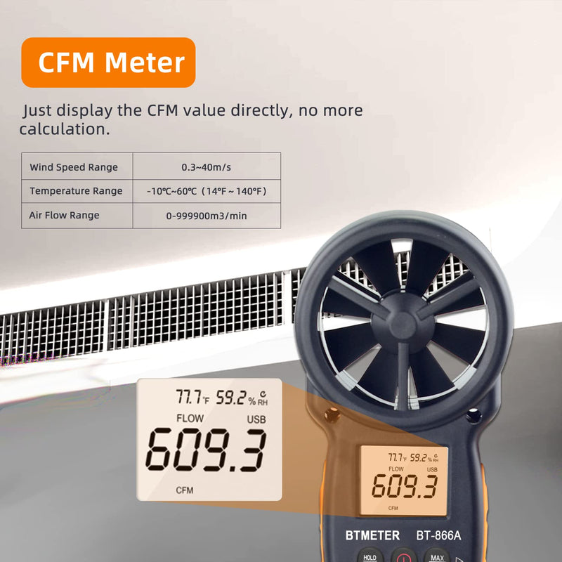 BTMETER BT-866A Pro Handheld HVAC Anemometer for CFM Air Flow, Wind Speed Meter Gauge Measures Wind Velocity Temp%RH Dew Point with USB Sync to PC BT-100WM Anemometer