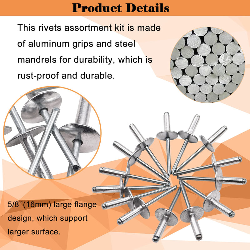 [Australia - AusPower] - 100pcs Aluminum Large Flange Blind Rivets, 3/16" x 3/8", Flange Diameter 5/8" (16 mm), Pop Rivets Assortment Kit Blind Rivet by Bolt Dropper, Grip Range(3-6mm) 3/16''x 3/8'' 