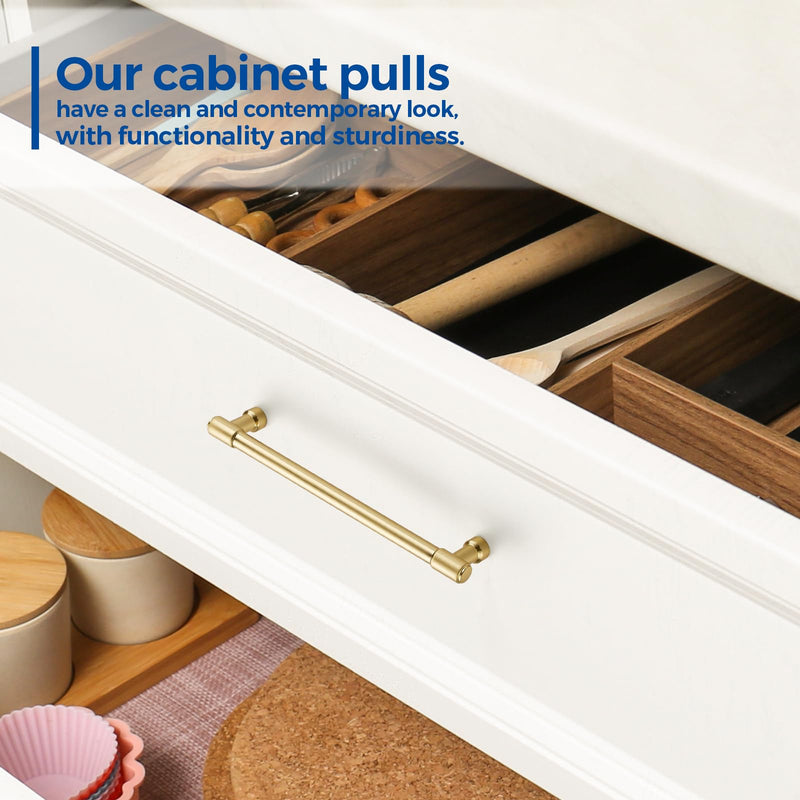 JOY DECOR 5 Pack 6-1/4 Inch Brushed Gold Cabinet Handles Modern Dresser Drawer Pulls Kitchen Cabinet Hardware for Cupboard Door Handles 6-1/4 In Hole Center