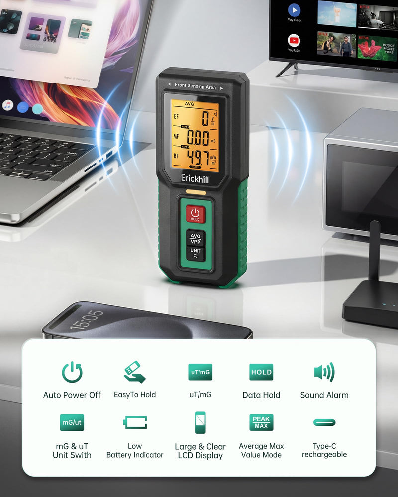 ERICKHILL 3-in-1 EMF Meter for Home, Simultaneous EF MF RF Detector, Electric Magnetic Field & RF Radiation Meter, Tri-Axis Sensor, LCD Trend Graph, Alarm Alert for WiFi Router & Appliances Black