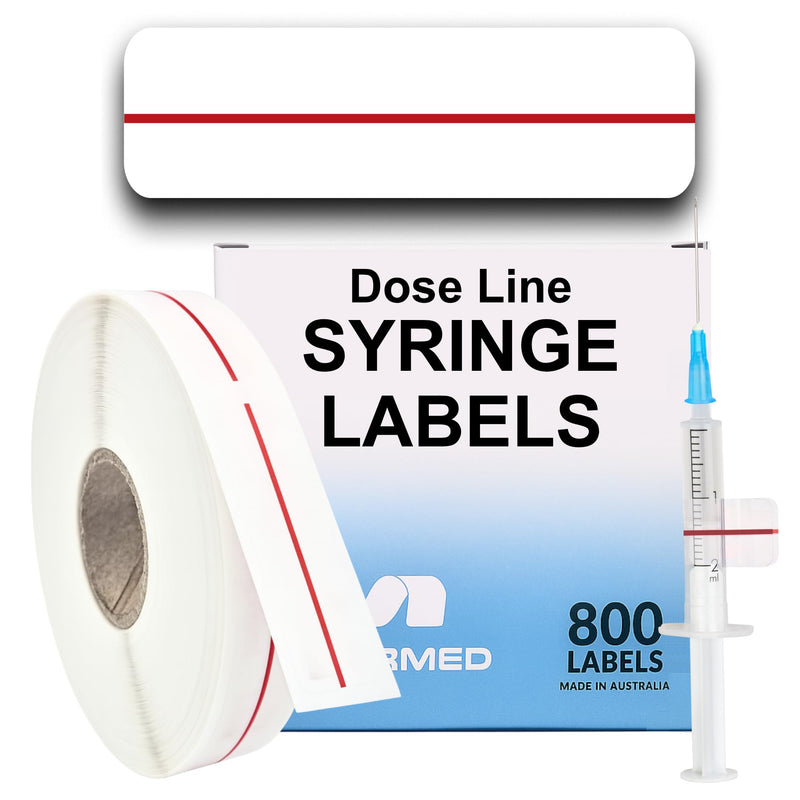 Syringe Dose Line Labels - Clear Poly Stickers with Red Dosage Marker Line - 800/Roll (12mm x 40mm / 0.5" x 1.5") in Dispense Box. Permanent Latex-Free Adhesive - Veterinary, Medical & Pharmacy Use Red Line Only