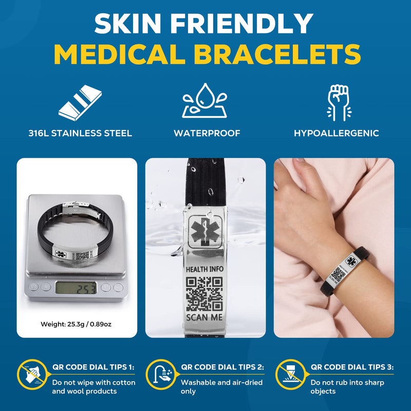 [Australia - AusPower] - Medical Bracelets for Men Women with QR Code Medical Alert ID Bracelets Sport Boy Girl - Silicone Waterproof Wristband Fits Wrists Up to 9 inches - More Space Custom Emergency Medical ID Alert Information 8.82'' Butterfly Clasp - Plus Black+Silver 