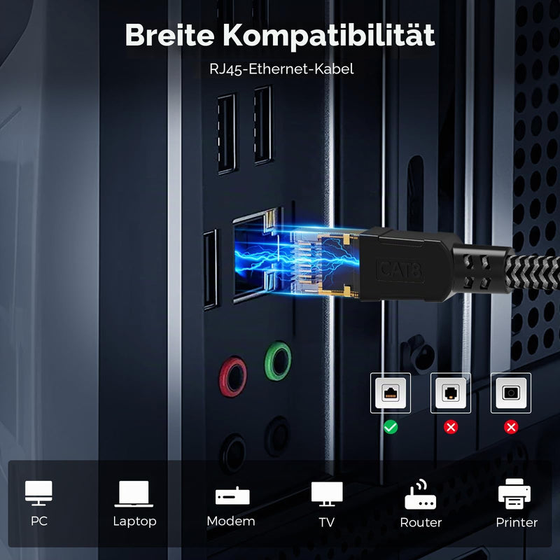 Cat8 Ethernet Cable, 5 m, 40 Gbps, Network Cable, High Speed, 2000 MHz, S/FTP, PoE Gigabit Cable, RJ45 Connectors, Nylon Braided LAN Cable, Patch Cable for PS5/4, Switch, Router, Modem, TV 5 metres