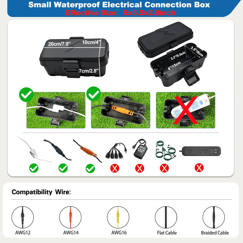 [Australia - AusPower] - Small Weatherproof Electrical Connection Box(6 x 3.5 x 2.8inch),Outdoor Electrical Box,Waterproof Extension Cord Covers for Plug, Extension Cables, Holiday Lights,Black Black 