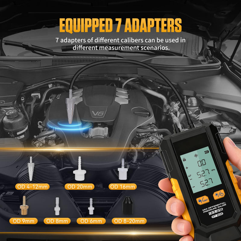 PT503 Manometer Gas Pressure Tester,Dual-Port HVAC Digital Manometer with Range of -100 to 200 KPa, 6 Units, Data Retention, 7Adapters, PT503