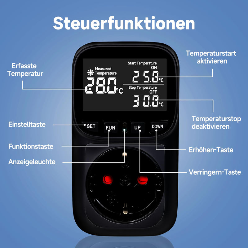 Temperature Control Socket 16A/3680W -40°C ~ 120°C, Digital Thermostat, 5M + 2M Cable Sensors, Heating/Cooling, Cycle Timer/Countdown Black