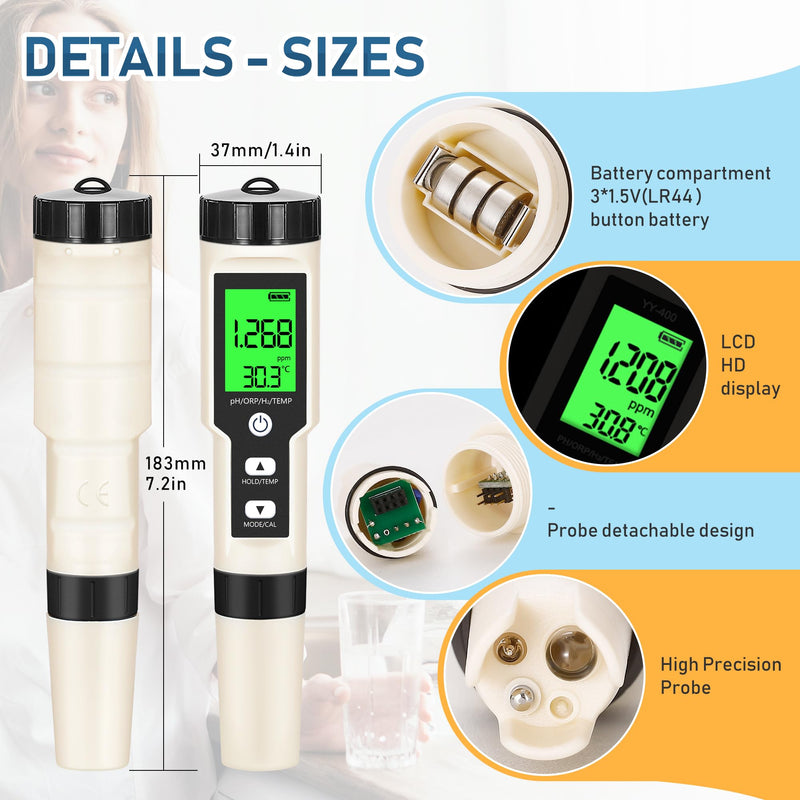 [Australia - AusPower] - Hydrogen Water Tester 4 in 1 PH,H2,ORP&Temp,pH Meter ORP Meter Hydrogen Tester for Water with ATC & Backlight,Accurate Hydrogen Water ppb/ppm Meter 