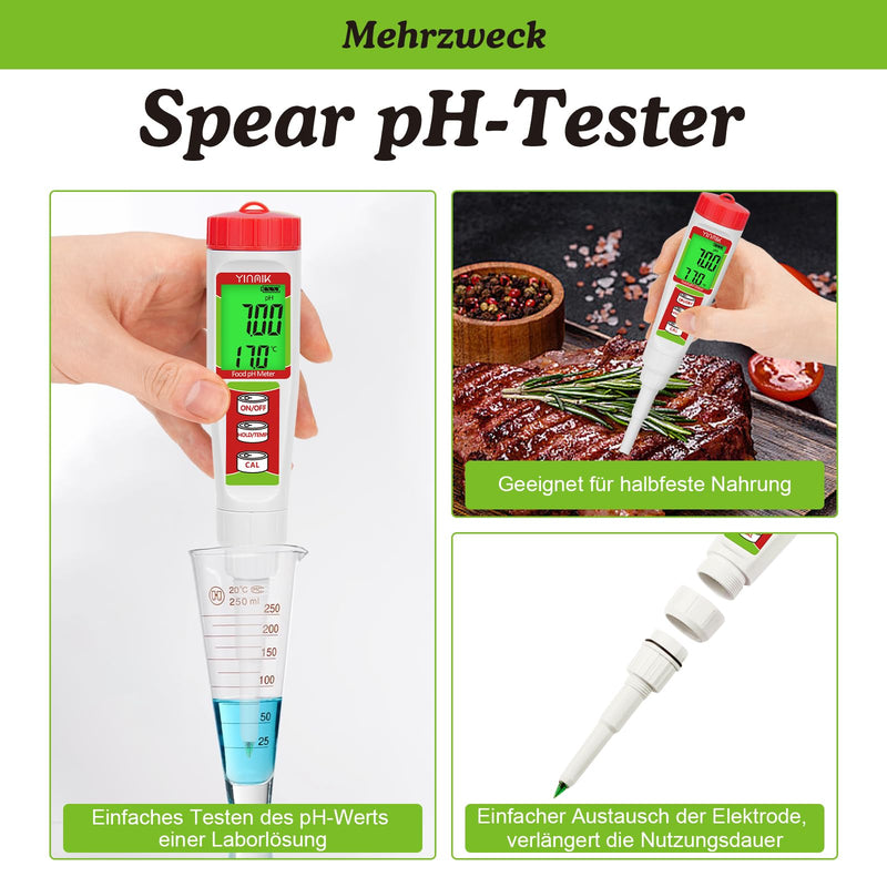 YINMIK Digital pH Meter pH Tester for Food with Calibration Solution | pH value for fermentation, pH food tester for dough, sushi rice, kombucha, soap, cheese, meat, pool and water Red pH meter