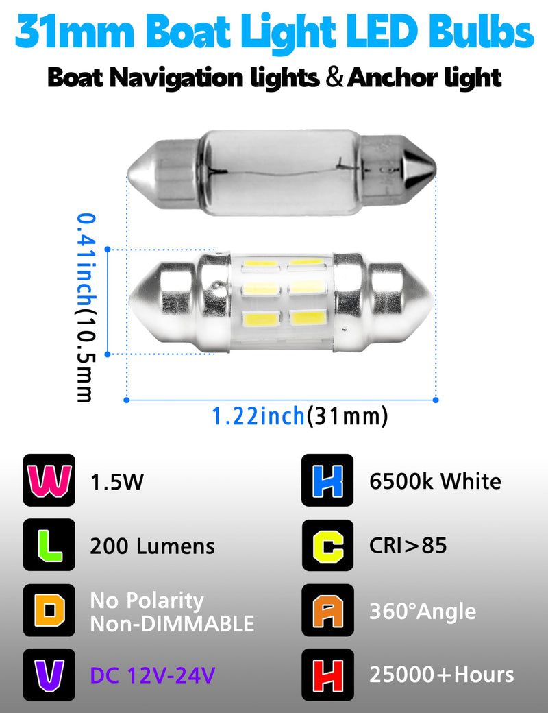 Super Bright 31mm Marine Led Festoon Bulb1.5W, 200LM Boat Navigation Lights 12V 6500k Daylight for Marine Navigation Boat Bow Stern Kayak Pontoon Mast Masthead Light 4pack Festoon 31mm