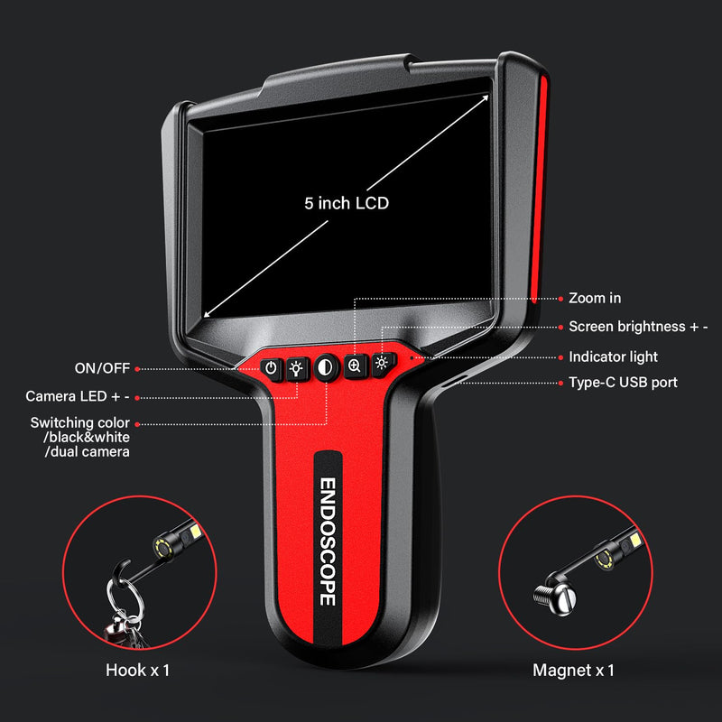 [Australia - AusPower] - Endoscope Camera with Light: 5" Dual-Lens Inspection Borescope Camera for Sewer - 16.4ft Waterproof Industrial Endoscope - Flexible Snake Bore Scope for Plumbing Automotive Red 