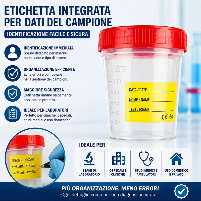 4 Sterile Urine Containers 120 ml with Screw Cap and Label - Urine Cups for Urine Culture Analysis, Hygienic Disposable | 100% Made in Italy