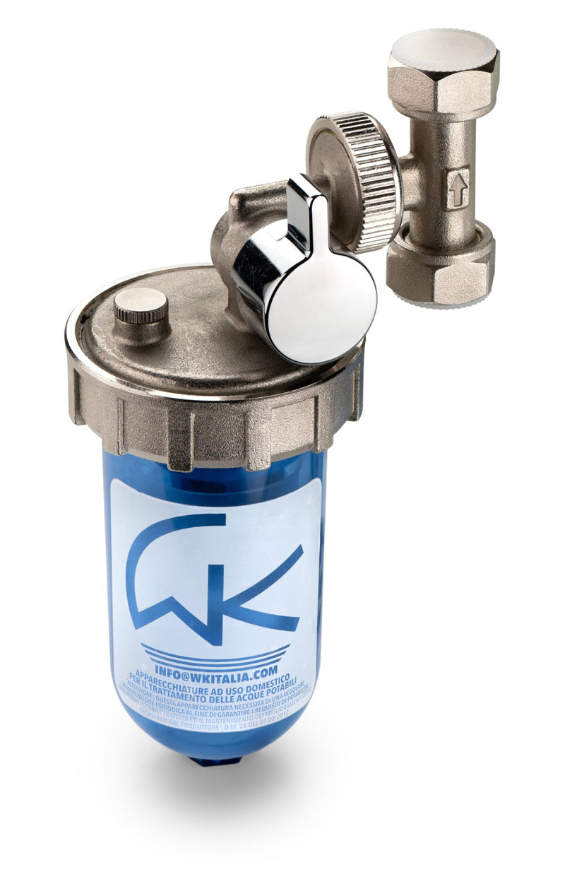 WK Rotating Polyphosphate Dispenser with Bypass, Connections 1/2 Inch, Transparent Shatterproof Pot, Limescale and Corrosion Protection for Sanitary and Sanitary Systems